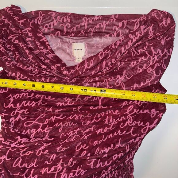 Maeve Off-The-Shoulder Ruched Mesh Script Top Burgundy Pink XL Anthropologie - Picture 10 of 11